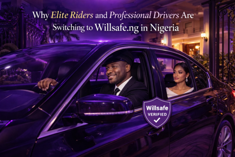 Elite rider and Willsafe verified professional driver leaving a luxury Lagos compound in a premium ride-hailing car.