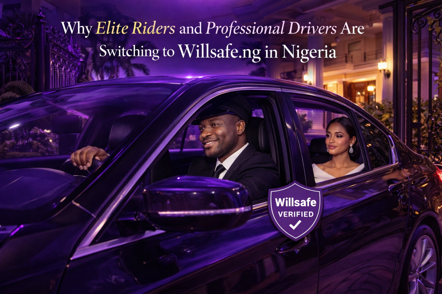 Elite rider and Willsafe verified professional driver leaving a luxury Lagos compound in a premium ride-hailing car.